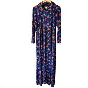 Stella Fagin MOD Vintage 70s Poppy Print Maxi Zip LS House Dress,Blue Orange, L